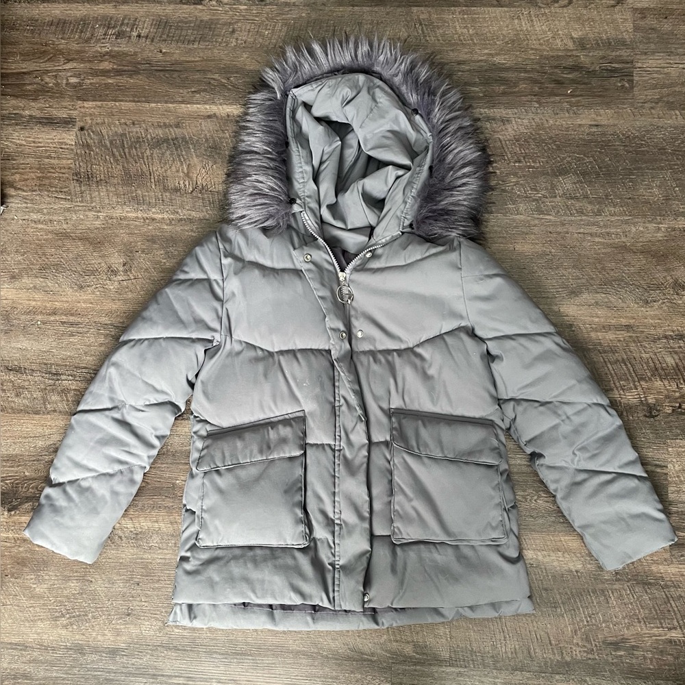 Dark Gray Puffer Jacket with Faux Fur Hood
